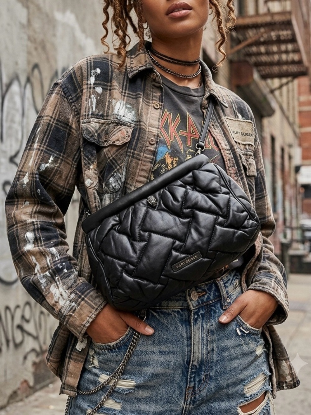 Kurt Geiger London Kensington Black Quilted Leather Crossbody / Clutch EUC